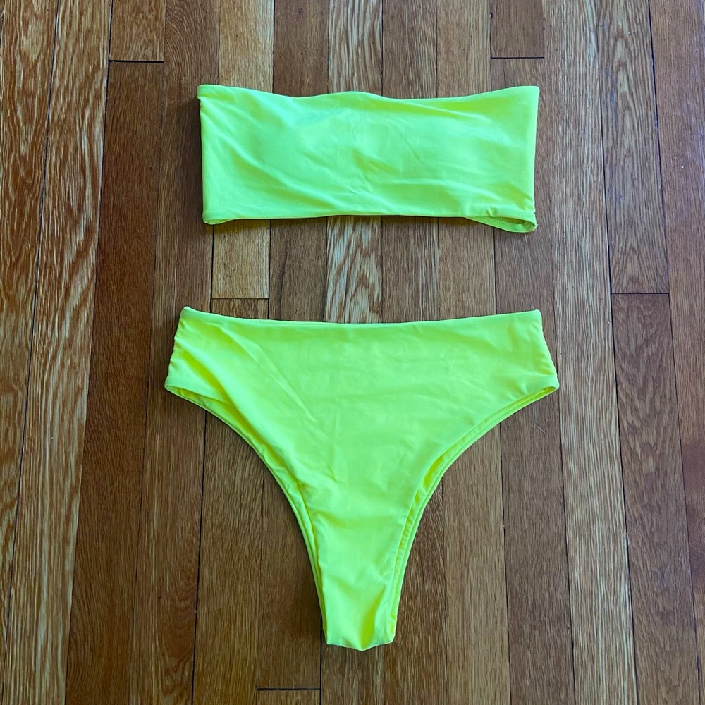 Zaful Neon Yellow Bandeau High Waisted Bikini Med